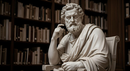 Marble statue of an elderly man in a library, exuding classical elegance