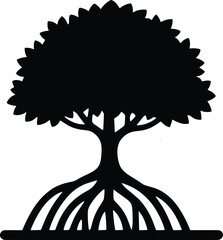 vector silhouette, mangrove tree with stilt roots, compact canopy, solid black