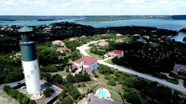 Aerial view of luxury homes in a residential area near lake travis in texas