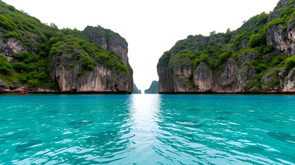 Emerald cliffs surrounding a crystal-clear water body