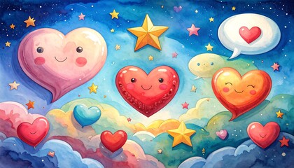 Colorful hearts float amidst clouds, stars, and speech bubbles in a whimsical night sky, radiating a cheerful and playful mood.