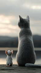 Curious Companions: A gray cat and a little mouse find common ground as they look towards the horizon with a sense of shared peace and tranquility.