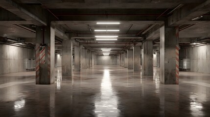 Obraz premium Empty concrete parking garage with wet floor and overhead lights, urban infrastructure