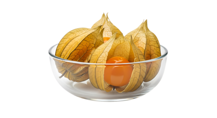 Golden berries in a glass bowl isolated on transparent background