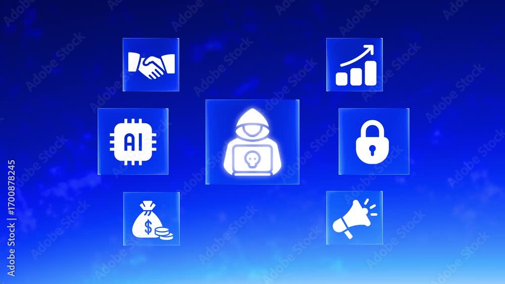 Poster digital icons representing business technology finance hacking security and communication on blue sk