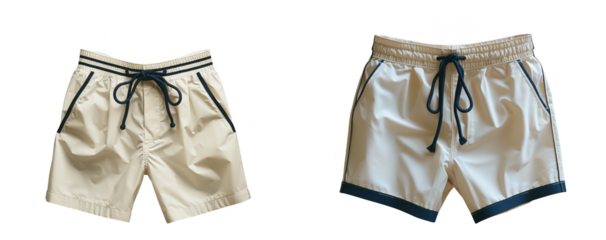 Two pairs of lightcolored shorts with dark trim and drawstring, isolated on transparent background