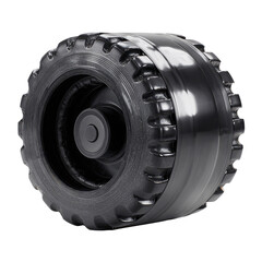 Obraz premium Close-up of a black tire, likely for a toy vehicle. Deep treads, multiple layers, and a central hub