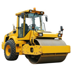 Yellow road roller construction vehicle isolated on white background