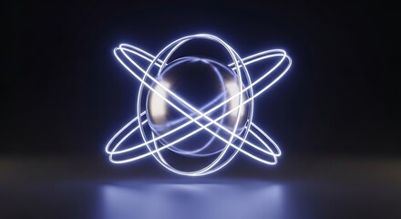 Sleek futuristic atom model with a glowing core against a deep black backdrop
