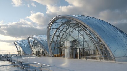Naklejka premium Modern glass building with arched roof structure by the water