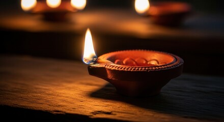 A beautifully lit traditional clay diya lamp glows warmly on a rustic wooden surface, symbolizing hope, spirituality, and celebration during a festive occasion.