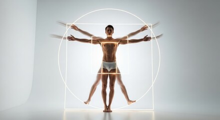 Fototapeta premium Vitruvian Man inspiration featuring a fit male body demonstrating perfect human anatomy with outstretched limbs inside bright glowing circle square forms