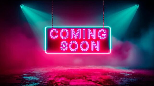 Rotating neon sign with glowing coming soon text, surrounded by blue and pink fog under theatrical spotlights. a stylish seamless loop animation ideal for event or promotion teasers.