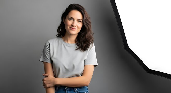 A smiling woman with dark wavy hair stands in front of a gray backdrop with a professional lighting setup to her right.