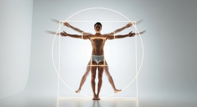 Vitruvian Man inspiration featuring a fit male body demonstrating perfect human anatomy with outstretched limbs inside bright glowing circle square forms