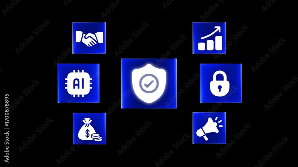 Aufkleber digital security and business icons on black background with central shield symbol checkmark technol