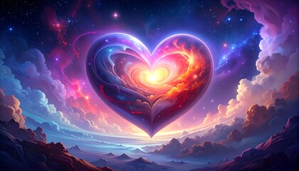 A vibrant heart-shaped celestial object floats amidst a dreamlike landscape of colorful clouds and starry night.