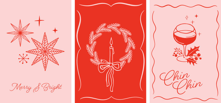 Merry Christmas, hand drawn illustrations, vertical Christmas cards in modern vintage style. Christmas eve, whimsical bows, Christmas tree, wine, vintage toys, gifts and tree decorations elements