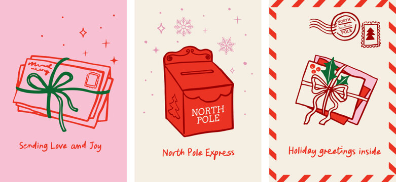 Hand-drawn Christmas Mail Illustrations for greeting cards and invitations.
