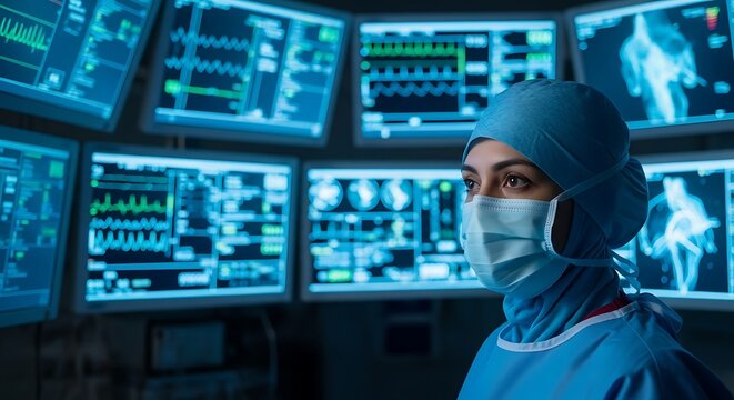 A surgeon in scrubs and a mask looks intently at multiple monitors displaying medical data and scans in a modern operating room.