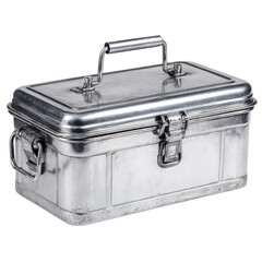 A rectangular, metallic box with a lid and handles