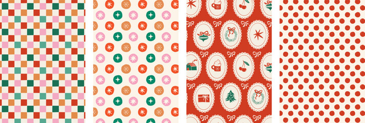 Hand drawn Christmas backgrounds set with retro patterns for cards, banners, and prints.