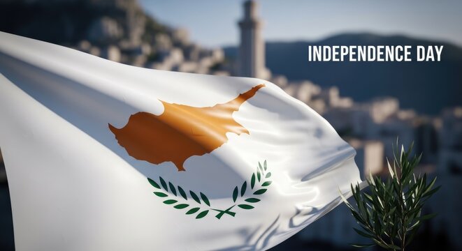Cyprus national flag proudly waving with Independence Day text, celebrating October First. Bright blue sky over a beautiful Mediterranean island city and distant majestic mountains.