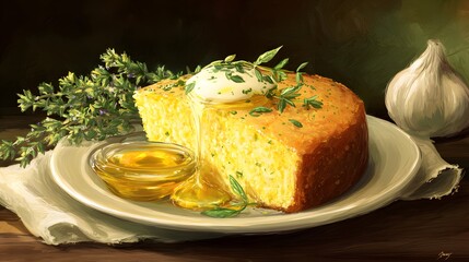 Slice of golden cornbread served with honey, butter, and garnished with fresh herbs