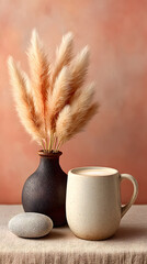 Coffee Mug with Pink Pampas Grass in a Vase and a Stone