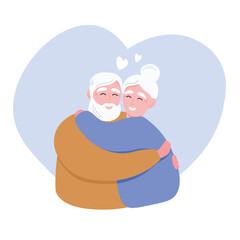 Elderly couple hugging, smiling, caring for each other. Romantic relationship of old people. Vector flat graphic.