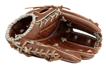 Brown leather baseball glove, close-up, with white stitching, ready for play