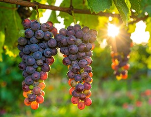 Clusters of ripe, purple-red grapes hang from vines in sunlight