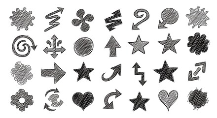 Set of hand drawn scribble design elements, sketched shapes and arrows collection