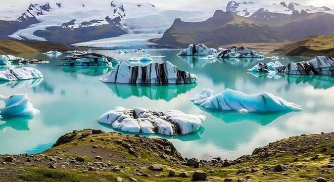 Icebergs floating in the glacial lake.