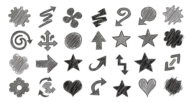 Set of hand drawn scribble design elements, sketched shapes and arrows collection