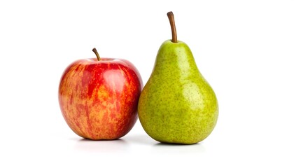 Two fresh fruits, apple and pear, against white background
