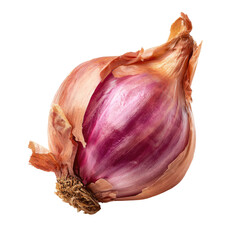 Close-up of a whole onion, light beige exterior with deep reddish-purple inner layers