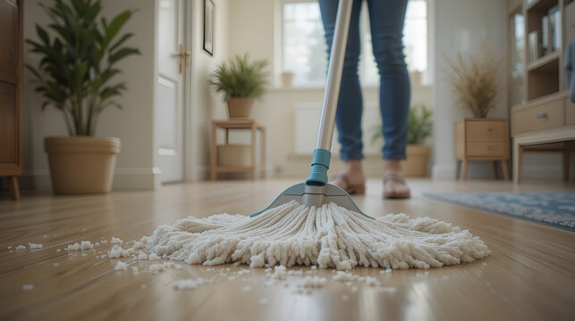 Woman cleaning floor using mop at home, swob, house work, closeup