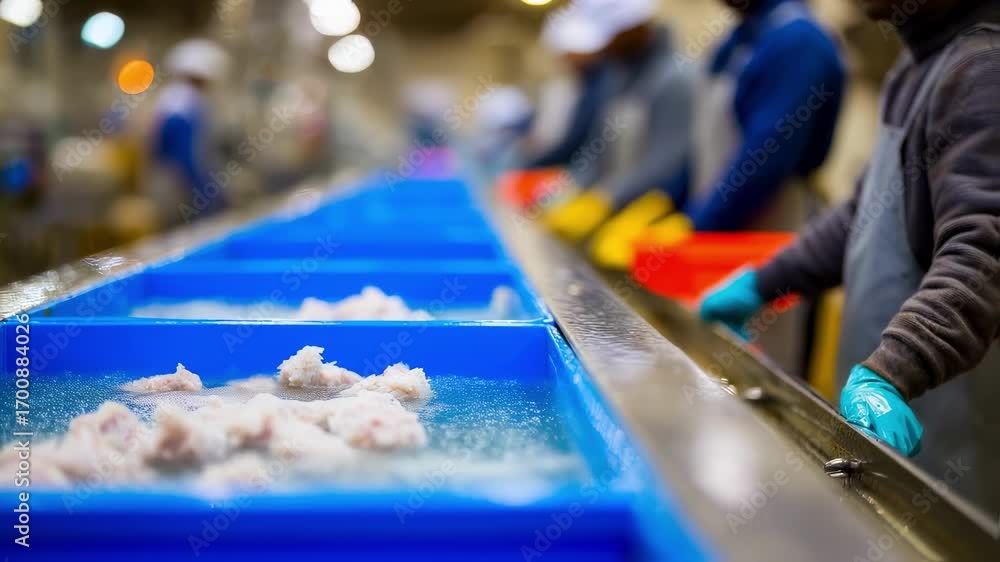 Poster medium shot showing recycling poultry byproducts with clear focus on sorting bins and blurred worker