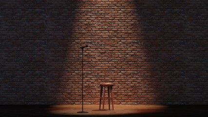 Empty stand-up stage with a microphone and brick wall on background. 