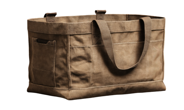 Large, light-tan canvas tote bag with multiple pockets