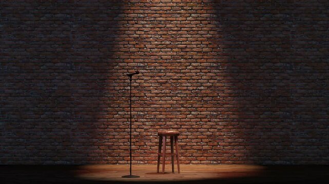 Empty stand-up stage with a microphone and brick wall on background. 