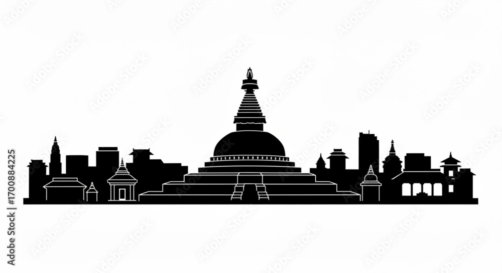 Poster silhouette of kathmandu skyline with stupa and various buildings against a white background view of 