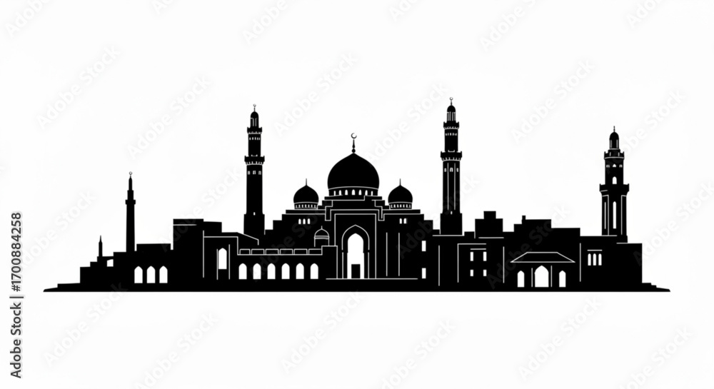 Poster silhouette of a mosque and city skyline with minarets and domes in black and white artistic renderin