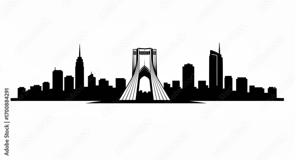 Poster silhouette of a city skyline with a prominent arch structure in the center in black and white style 