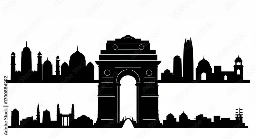 Poster silhouette of delhi skyline with india gate and various buildings in black and white landscape view 