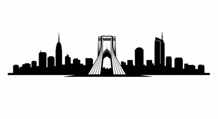 Silhouette of a city skyline with a prominent arch structure in the center in black and white style created with generative ai