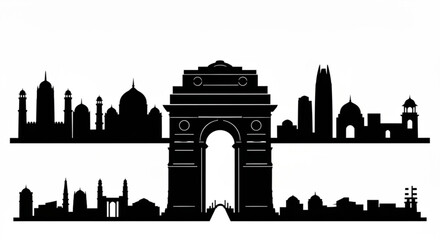 Silhouette of delhi skyline with india gate and various buildings in black and white landscape view created with generative ai