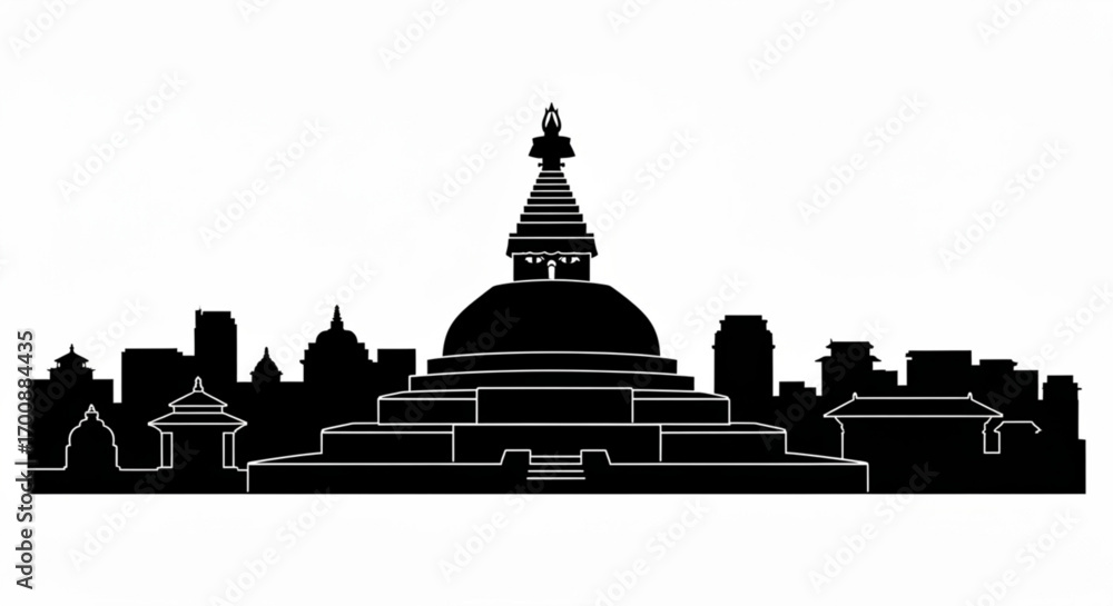 Poster silhouette of kathmandu skyline with stupa and various buildings against a white background view in 
