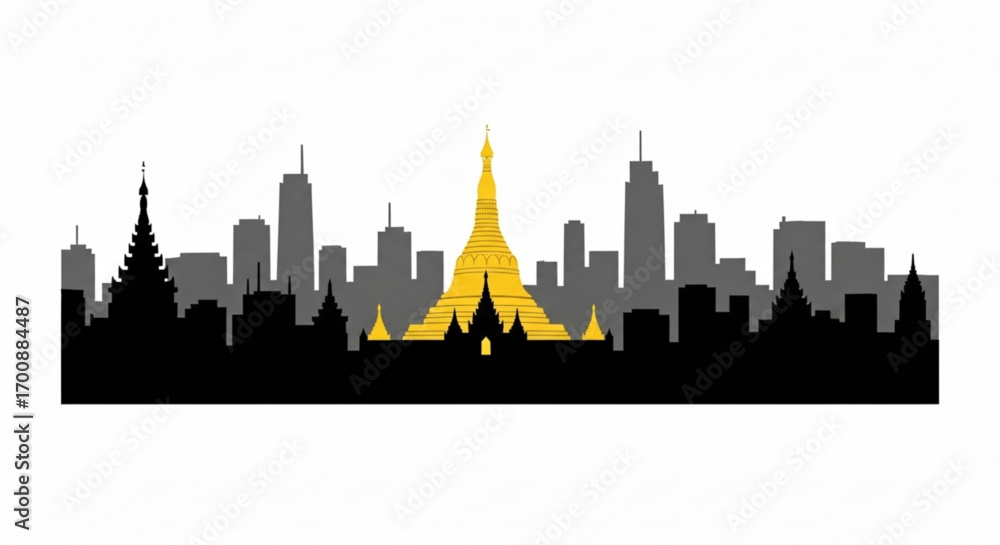 Poster silhouette of a city skyline with a golden pagoda and various buildings against a white background c